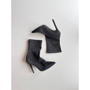 LIU JO Metallic Black Stretch Knit Mid Calf Pointed Toe Sock Boots, Size 40